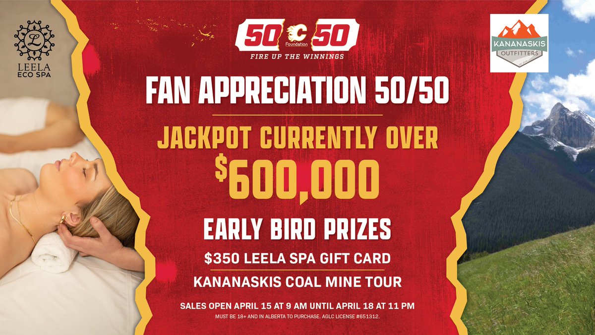 Look at that jackpot total 👀 The Fan Appreciation @NHLFlames 50/50 is already over $600,000, and it will continue to grow until 11 pm on Thursday! Get your tickets now for a chance to win BIG 🔥 bit.ly/3tkIvSs