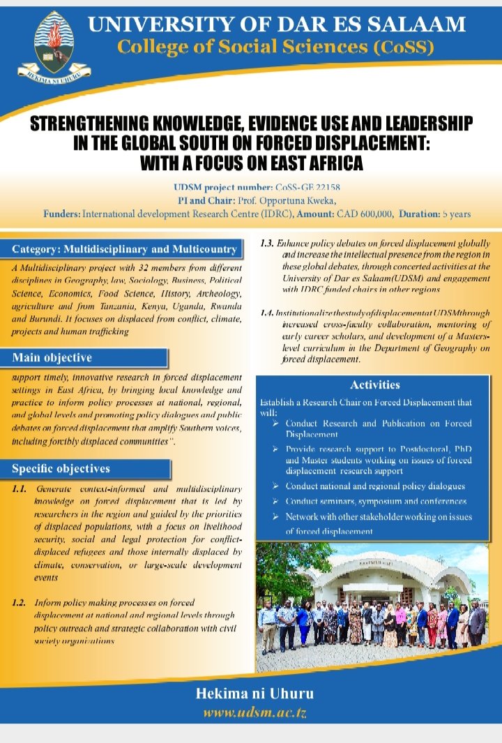 The Research Chair on Forced Displacement will take part in the @UdsmOfficial unit level's research exhibition from 17-19 April 2024, we will share research findings from a fieldwork conducted in October to November 2023 @KwekaOpportuna @IDRC_CRDI @IDRC_ESARO Karibuni sana.