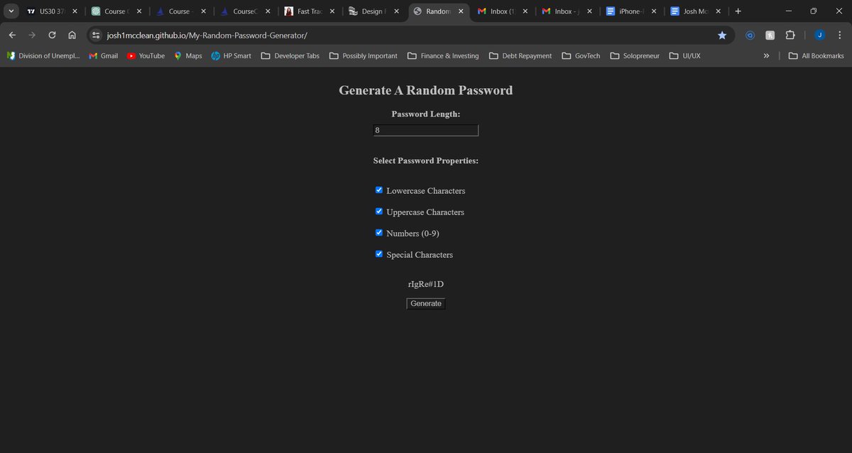 Josh1McClean's tweet photo. Let's code together! 💻🤖
Random Password Generator- https://t.co/JCbfOssY6b
Repo- https://t.co/5I2mksPJNC
#Day15 #100DaysofCode #85DaysofCodeLeft #LetsCodeTogether #CodeInPublic https://t.co/bunMWf61bn