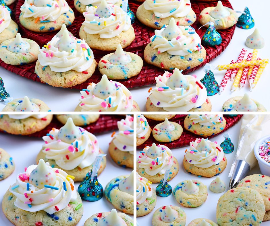 Quick, easy and delightful Birthday Cake Cookies crafted with cake mix, buttercream frosting, sprinkles, and birthday cake chocolate kisses! Get the #recipe HERE: tinyurl.com/4kenut86 #cookies #birthday #recipes #birthdaycakecookies #dessert #hipmamasplace