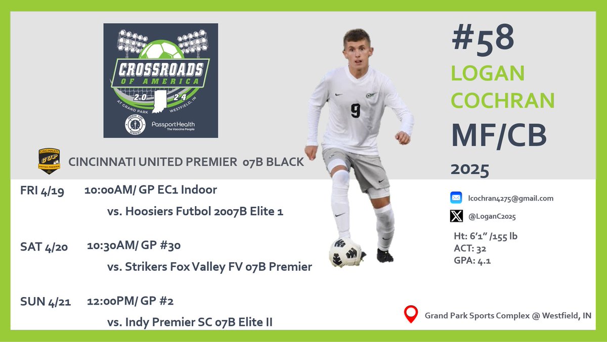 LoganC2025's tweet photo. Looking forward to some 🔥great🔥 @USYouthSoccer E64 league matches this weekend @IndyFireAcademy Crossroads College Showcase with my @CincyUnitedCUPB team!
Come watch me play 👇

@ImCollegeSoccer @ImYouthSoccer @theohiosoccer https://t.co/wy62iKgsGV