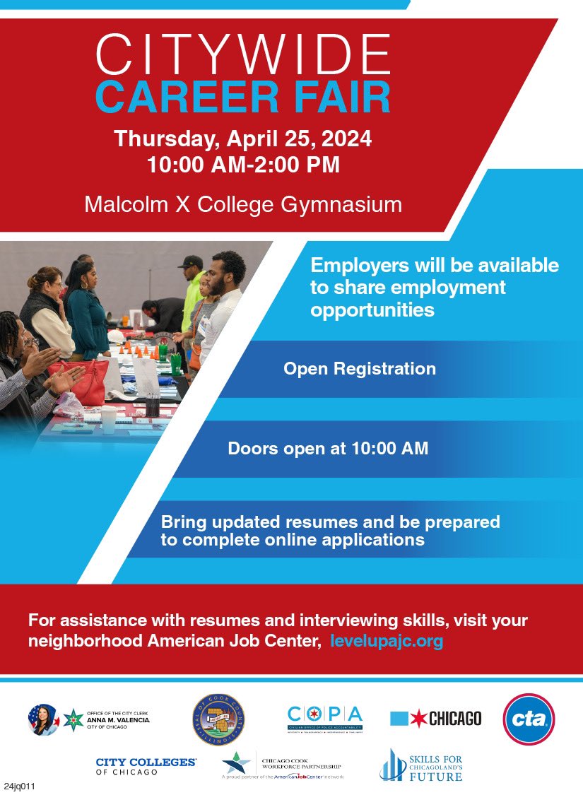 ChicagoCOPA's tweet photo. Save the date & spread the word for a Citywide Career Fair happening on Thursday, April 25 from 10 AM to 2 PM at @MX_College. Over 50 employers from different industries will be participating, it’s a great opportunity for job seekers! #WorkforceDevelopment #PuttingChicagoToWork https://t.co/xQi7yc1jnk