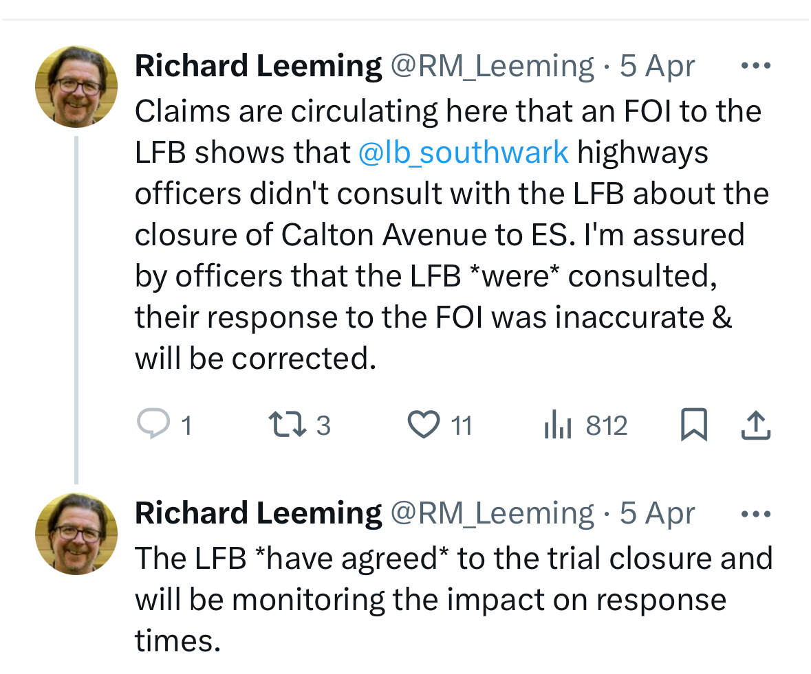 It's been almost 3 weeks since the cllr from Dulwich Village claimed, without evidence, that the LFB agreed to closing Calton Ave. There has been no correction by LFB to the FOI. Southwark has provided no documentation to back up the cllr's claim. london-fire.gov.uk/media/8991/foi…