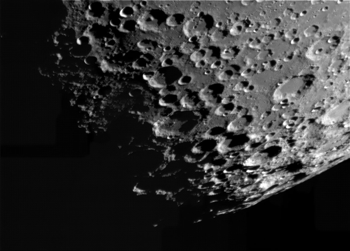 Lunar southern highlands from tonight. In the center is Curtius, 95km ⌀ with a nice central peak and a deep cleft in the rim. Above Curtius is 71km ⌀ Zach, which has four almost equally sized craters in a square pattern around the rim. 180 MCT @ 2700mm. ASI 224MC.