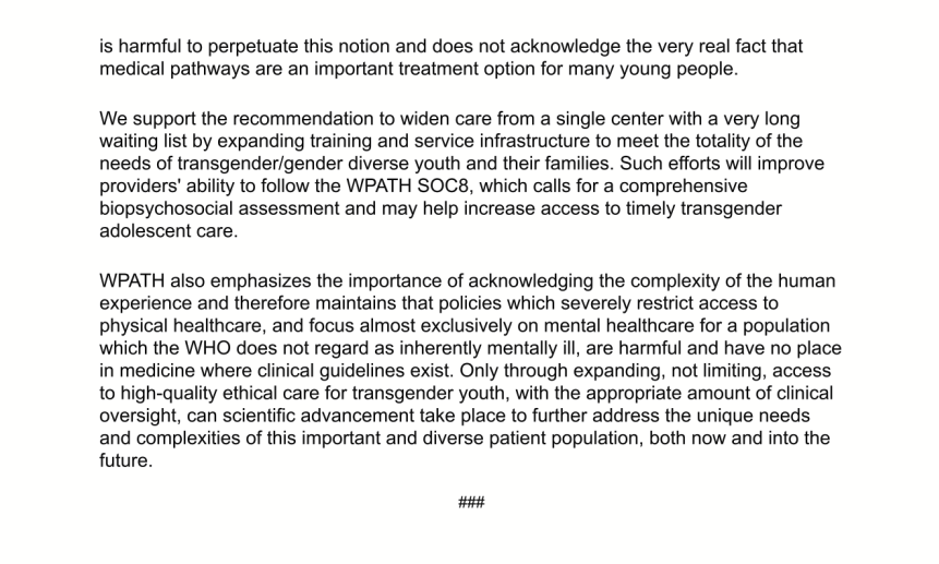 WPATH responds to Cass.

The very group that advocates for adolescents to be experimented on based on the false premise that puberty suppression is safe and evidenced-based accuses the Cass Report of being rooted in a false premise!

I believe that's what they call projection.