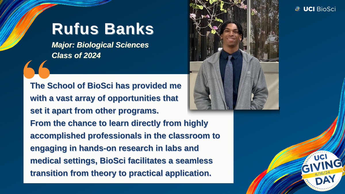 This #UCIGivingDay, we're excited to feature Rufus Banks, a biological sciences major.🧬
Rufus explains how #UCIBioSci has given him invaluable opportunities beyond the classroom including hands-on research in labs and medical settings.🔬
Give today: bit.ly/BioSciGiving24