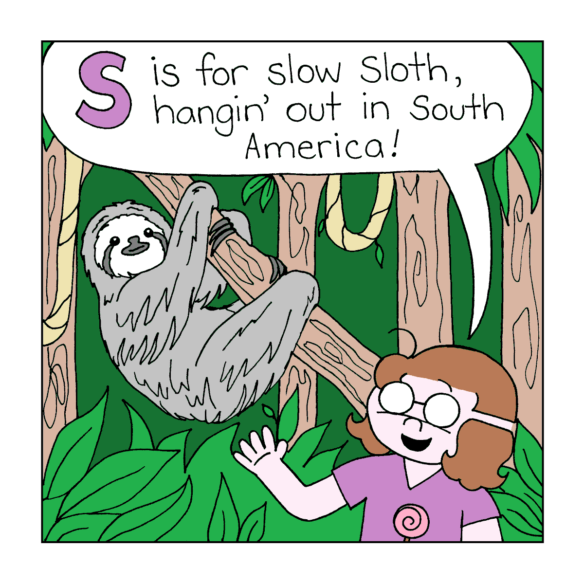 S is for #sloth in today's #animalalphabet post! 🦥 #adventuresoflollipop #kids #kidlit #kidscomics #indiecomics #kidlitart