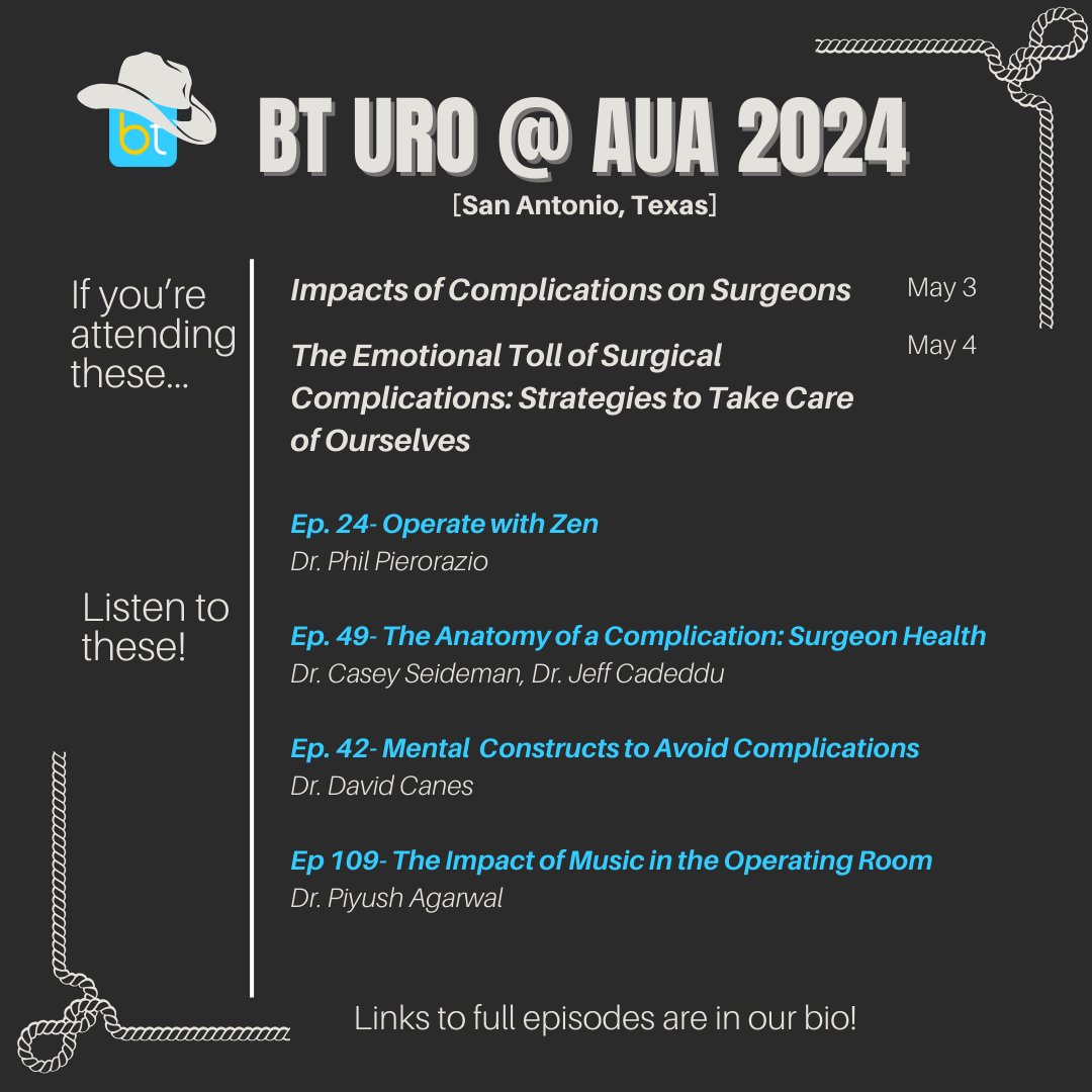 Don't miss these awesome #AUA2024 sessions next week about wellness and mental health! #meded @AdityaBagrodia @drphil_urology @CaseySeidemanMD @Agarwal_CaB @KKseattle @uroegg @PReyblat @CanesDavid @RuchikaTalwarMD @GMBadalato @chrouserMD 🤠Episode links are in our bio!