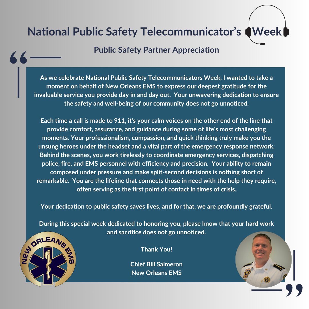 NewOrleansEMS's tweet photo. #NOEMS wishes our partners at
@opcd911
a happy #NationalPublicSafetyTelecommunicatorsWeek! #NPSTW2024 https://t.co/joPxHPJDmB