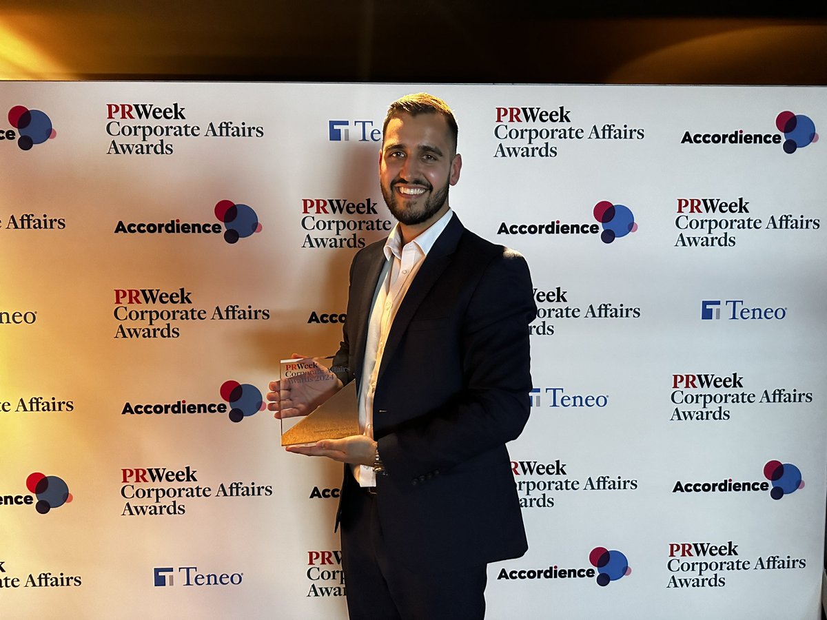 Huge congratulations to Thomas Jane for bagging the @prweekawards Newcomer of the Year award in Public Affairs, a real testament to all their hard work at iNHouse. Much deserved. #PRWeekAwards