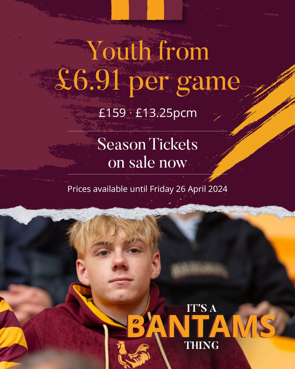 🙌 | Aged between 12 and 16? Pay less than £7 per game next season if you secure your 2024/25 season ticket by 11.59PM NEXT FRIDAY!

➡️ | Read: bradfordcityafc.com/news/2024/apri…

🎟️ | Purchase: bradfordcityafc.com/SeasonTickets 

#BCAFC