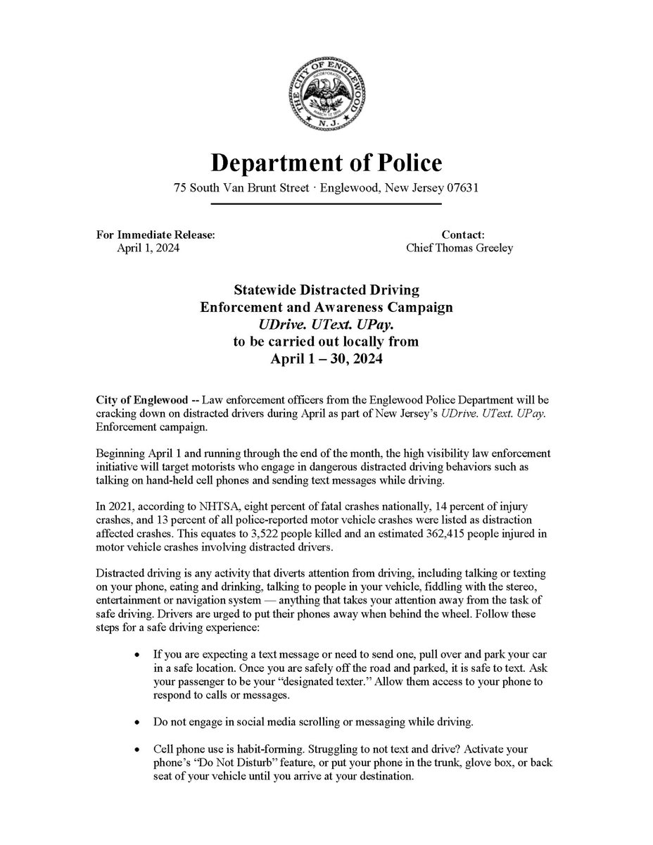 DISTRACTED DRIVING ENFORCEMENT & AWARENESS!

#ENGLEWOODEXCELLENCE #englewoodpolice #nj #NewJersey #bergencounty #englewood #cellphone #DistractedDriving #DistractedDrivingAwareness