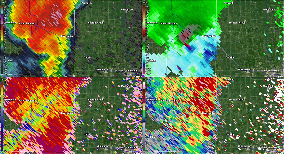 Strong tornado still ongoing SE of Mount Pleasant, IA. 

Current VROT of 58.8kts.