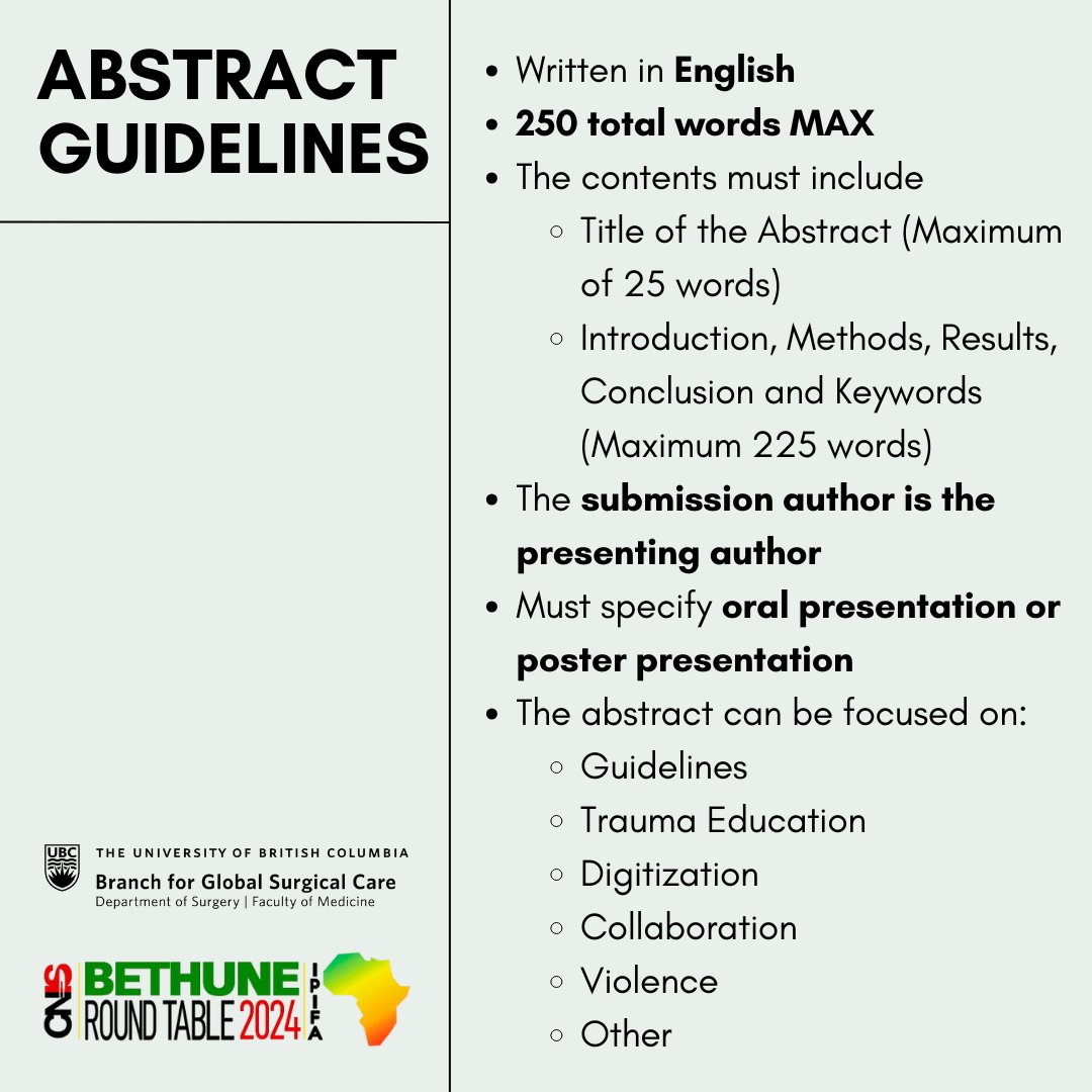 DEADLINE EXTENDED! 📢

Abstract submission for #BRT2024 has been extended until April 30th, 2024. 

Don't miss your chance to share your work with surgical care professionals & trainees from all over the world!  

Submit at link below. ⬇️ buff.ly/3U9aJuq