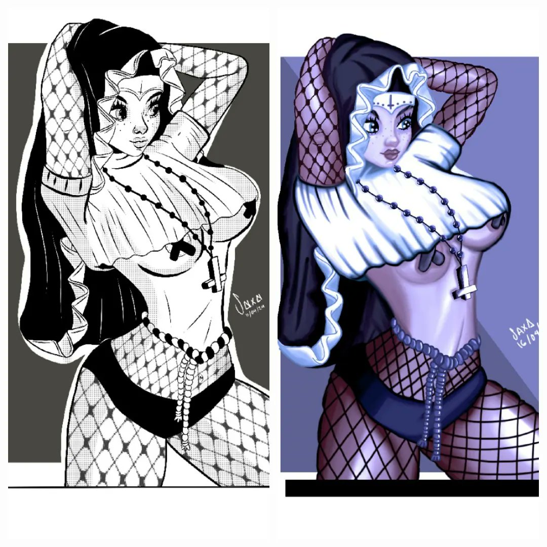 AleApontt's tweet photo. En 2017 hice una versión de una monja un poco sexy, hoy en #2024 quiero hacer una nueva versión tanto a #tinta #tink #tinkdigital como a #color #matepainting #pintura #pinturadigitalmoderna #monjasensual #dibujo #drawing #draw #sketch #redibujo https://t.co/YEVGwYXYma
