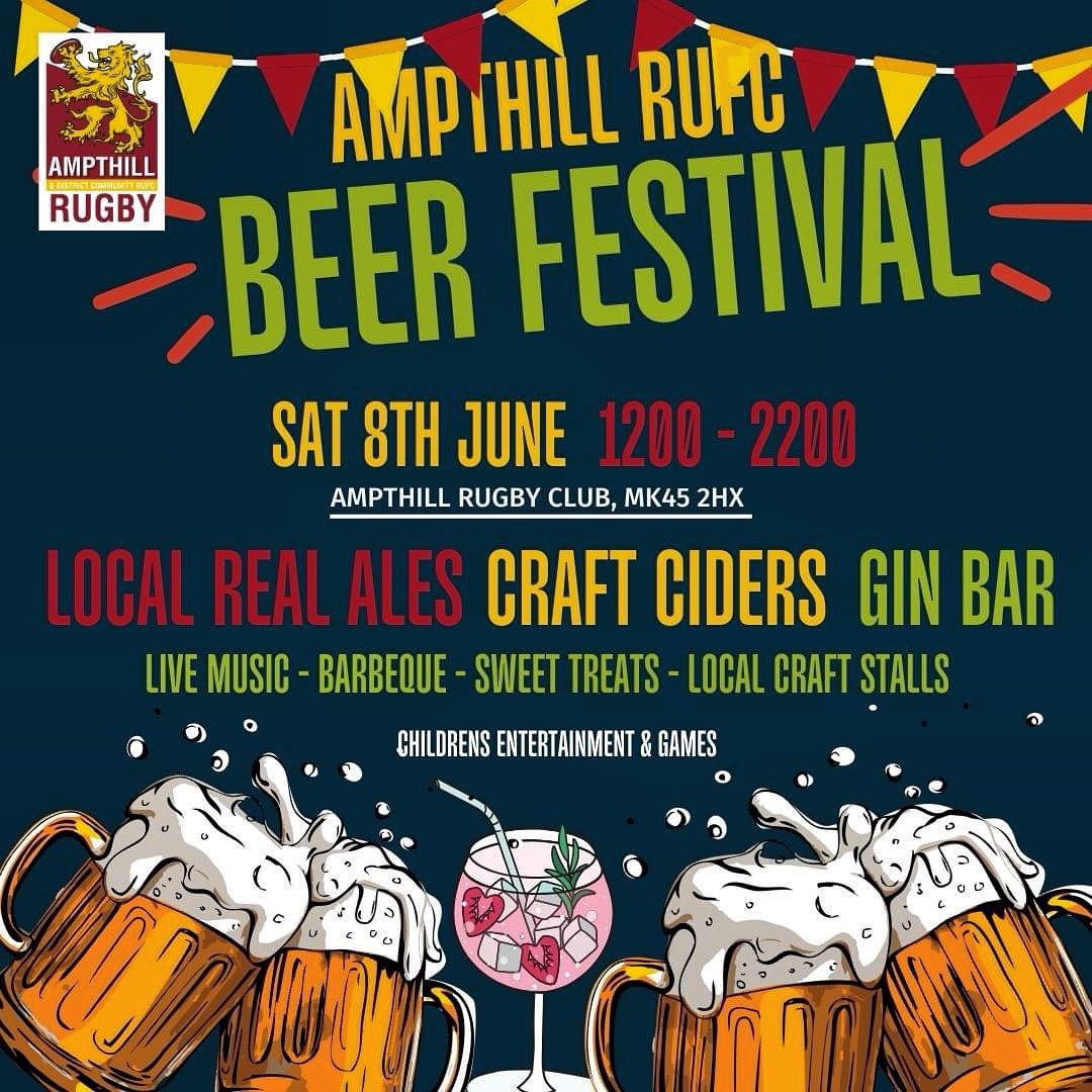 If you are a local business who is interested in sponsoring the beer festival please email clubhouse@ampthillrufc.com.
We have the following available to sponsor.
🍹Gin & Pimms Bar
🍻24 Real Ales £100 each
🍎7 ciders £100 each
🎪Other sponsorship packages available on request