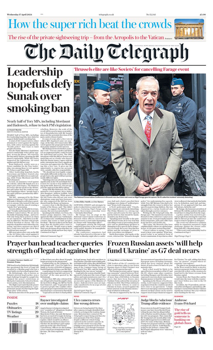 Wednesday's DAILY TELEGRAPH: Leadership hopefuls defy Sunak over smoking ban #TomorrowsPapersToday