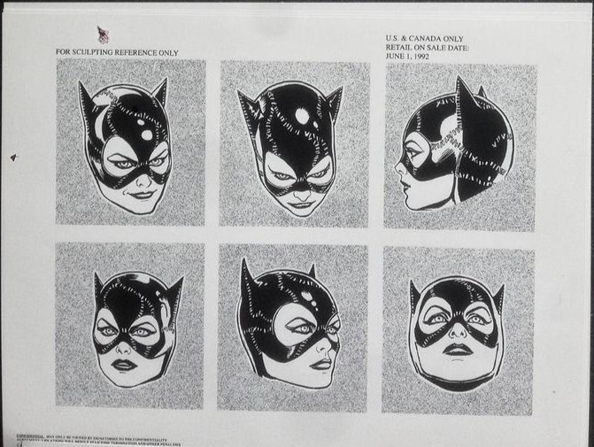 Art from the Batman Returns Style Guide of Catwoman's head at different angles, intended to be used for Sculpting reference. The Michelle Pfeiffer Catsuit is one of those costumes that translates well to Black and White art.