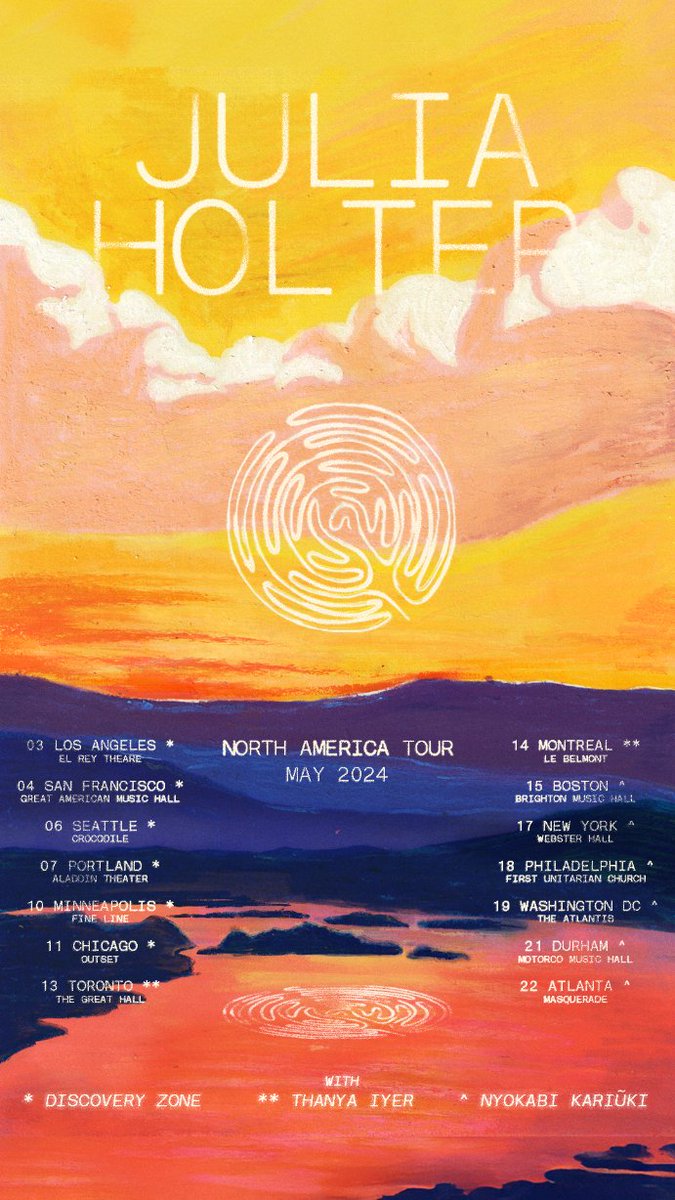 May tour of North America feat. Dev Hoff (fretless), Beth Goodfellow (drums), Tashi Wada (synth, bagpipe), + Kenny Gilmore (sound) with luminaries @nkariukimusic @ThanyaIyerMusic + Discovery Zone thank you Radha Vishnubhotla for the SUN MAZE poster juliaholter.com