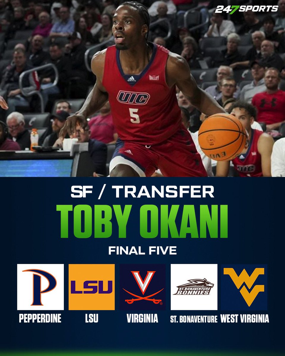 News: UIC transfer Toby Okani is down to five schools. Finalist: Pepperdine, LSU, Virginia, St. Bonaventure and West Virginia Okani will visit LSU this weekend snd Virginia on Tuesday Story: 247sports.com/college/basket…