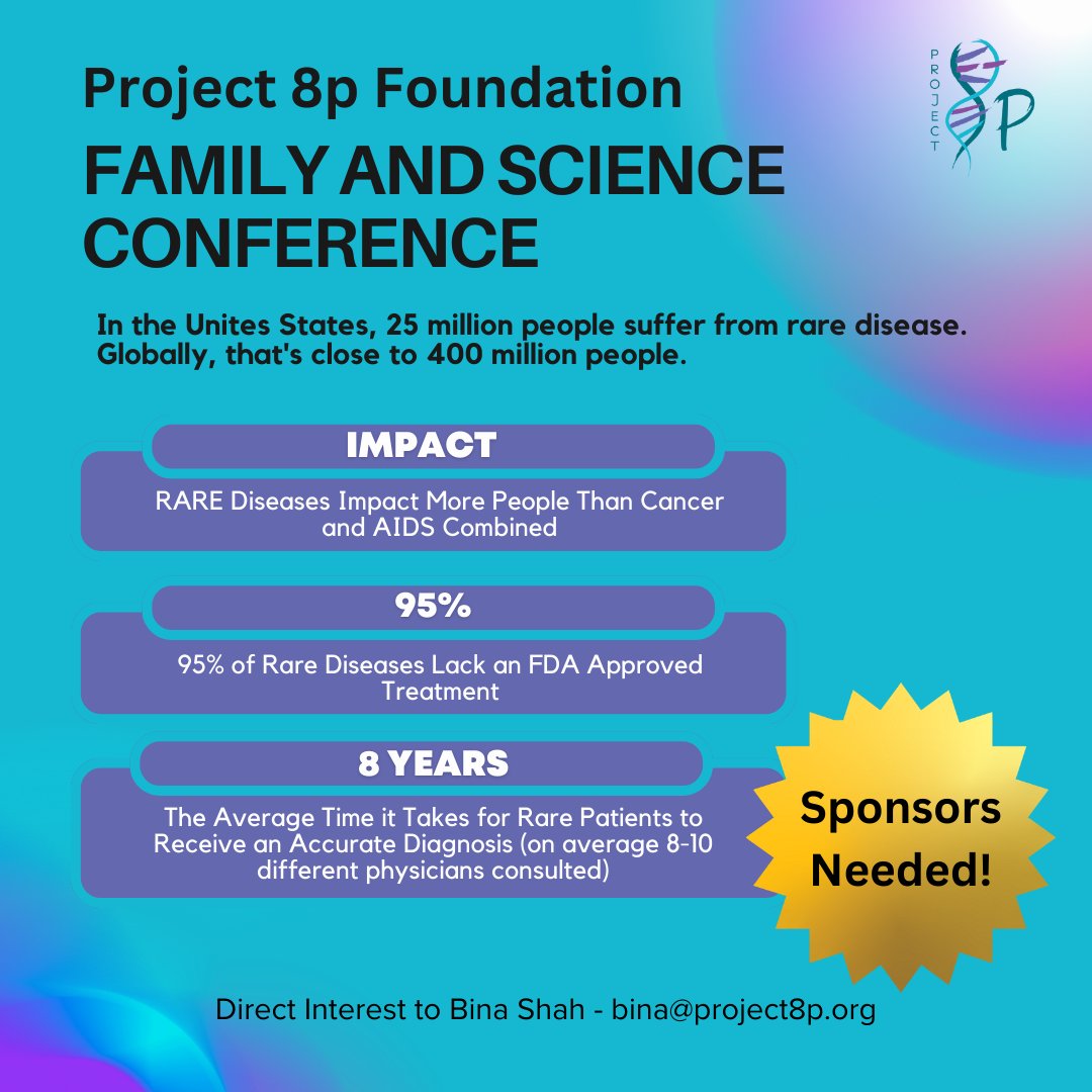 Currently, there is no known treatment for chromosome 8p disorders.  Become part of the solution as a sponsor for our Project 8p Foundation Family and Science Conference.  Direct Interest to Bina Shah - bina@project8p.org