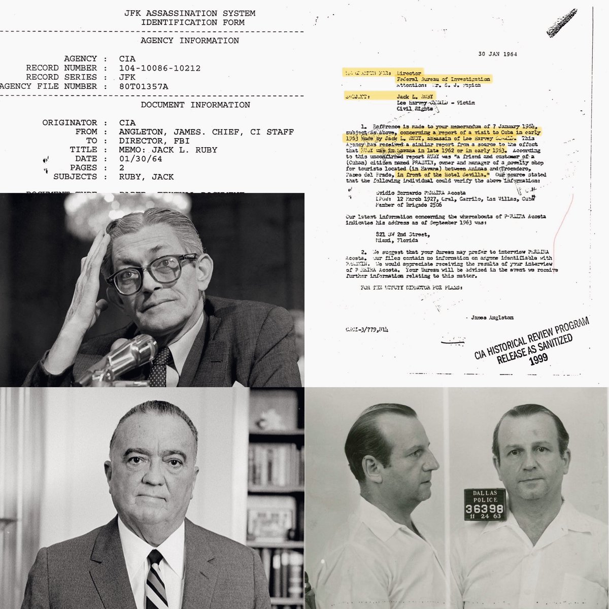 James Angleton, head of CIA Counterintelligence, sends a memo to FBI Director Hoover on 1/30/64 concerning reports that Jack Ruby had visited Cuba in late 1962 or early 1963. Ruby was seen at the Hotel Sevilla and its casino was closely associated with Havana's mafia network,