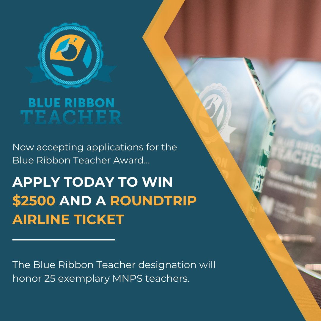 Are you or do you know an excellent educator who demonstrates exemplary teaching talent? If so, consider applying to become a @MetroSchools Blue Ribbon Teacher today! Learn more about the application process at mnps.org/careers/blue_r…. #NashvilleBlueRibbonTeacher