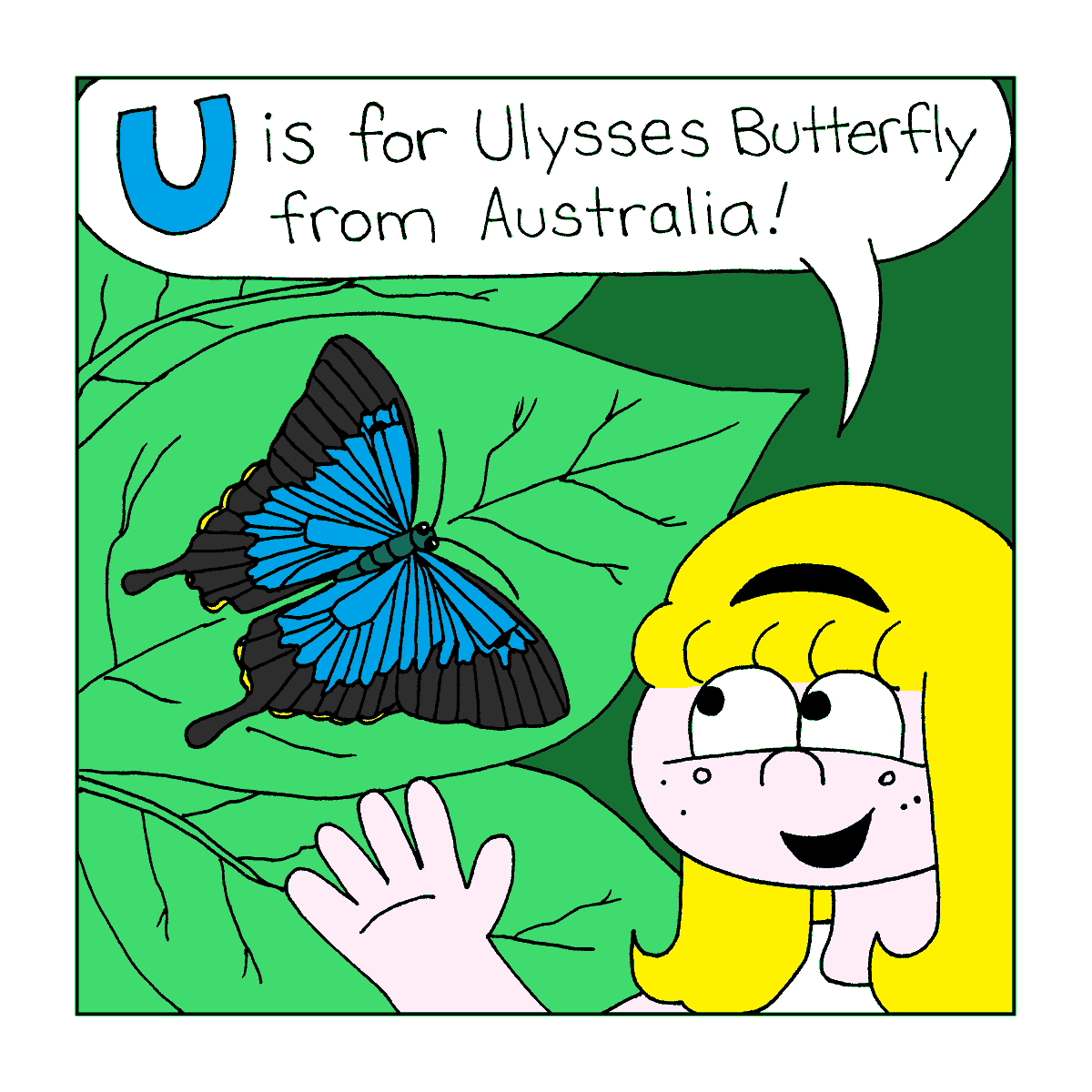 U is for Ulysses Butterfly in today's #animalalphabet post! 🦋 #adventuresoflollipop #kids #kidlit #kidlitart #kidscomics #indiecomics