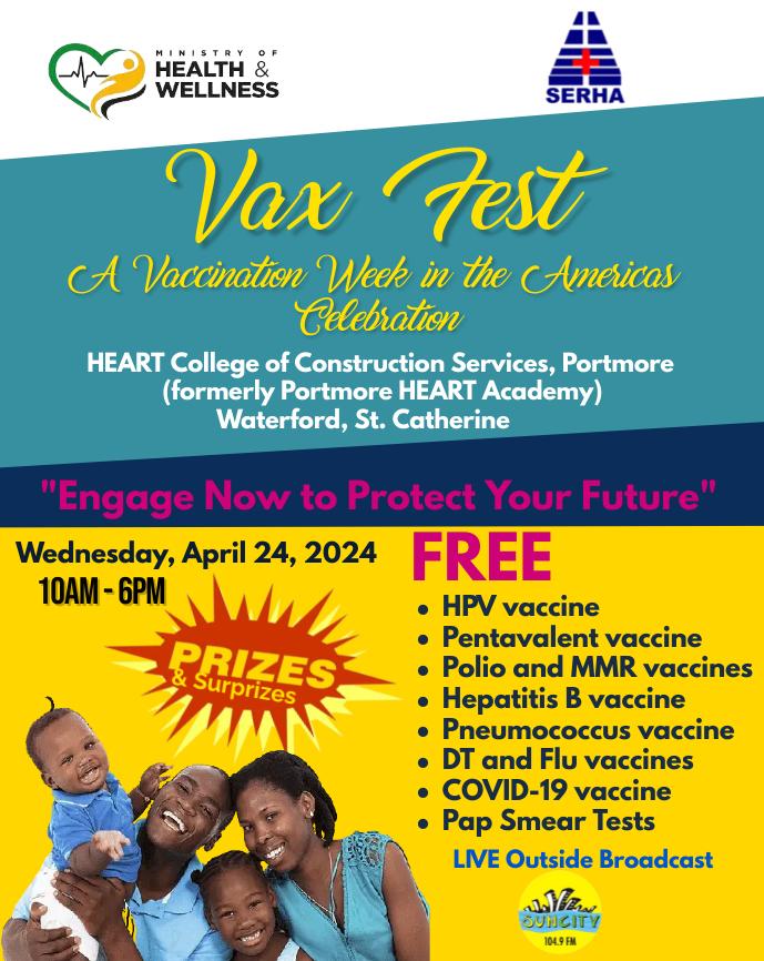 St.Catherine we are COMING TO YOU📢 See you on Wednesday, April 24, 2024, at the Portmore HEART Academy in the excitement of FREE Pap Smear tests and vaccines to #VaxFest Join us for a vaccination week in the Americas Celebration! 🎉 See you there! @christufton @themohwgovjm