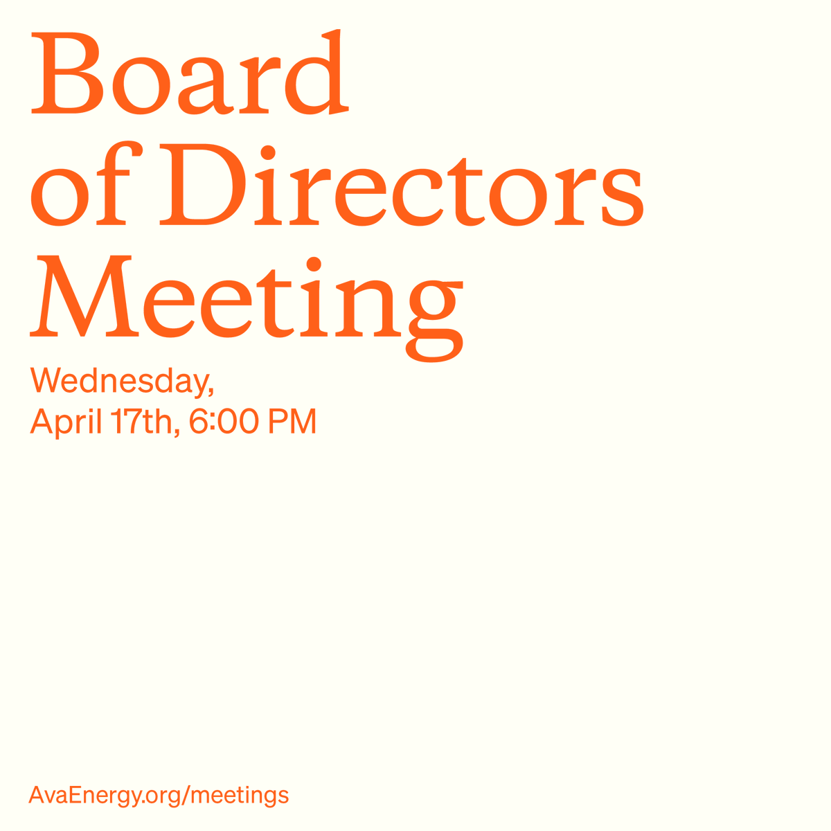 Ava's Board of Directors meets tomorrow, Wednesday, April 17 at 6pm. Meetings are open to the public and we welcome public comment. This meeting will be held in a hybrid format. Learn more: ow.ly/FzZM50RfgFG