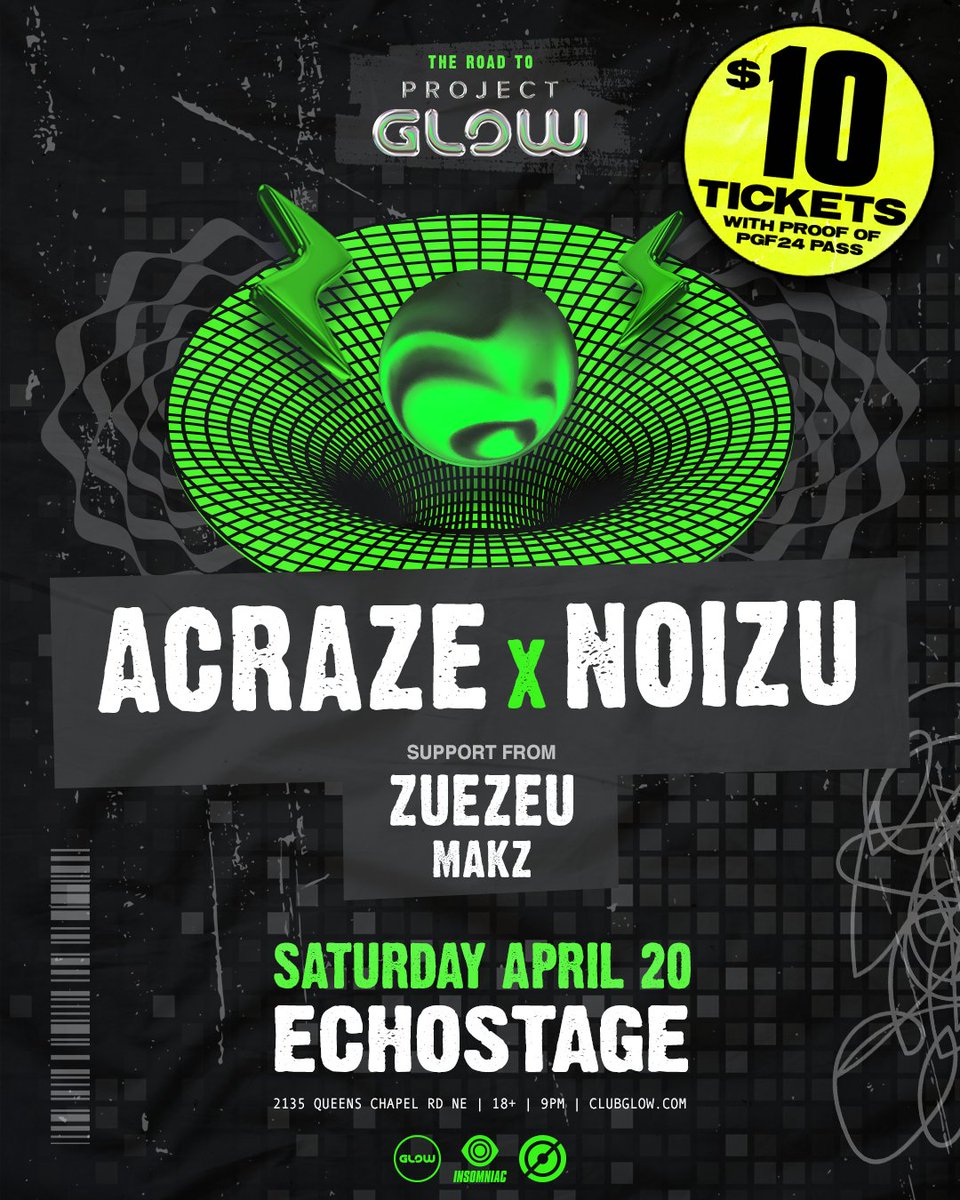 Going to @projectglowfest? 🔥We're offering festival pass-holders $10 tickets to our Pre Party with @Acraze___ x @noizu this Saturday, April 20th! DM us for more info! 🎶🔊→ tix.echostage.com/ACRAZE-NOIZU24