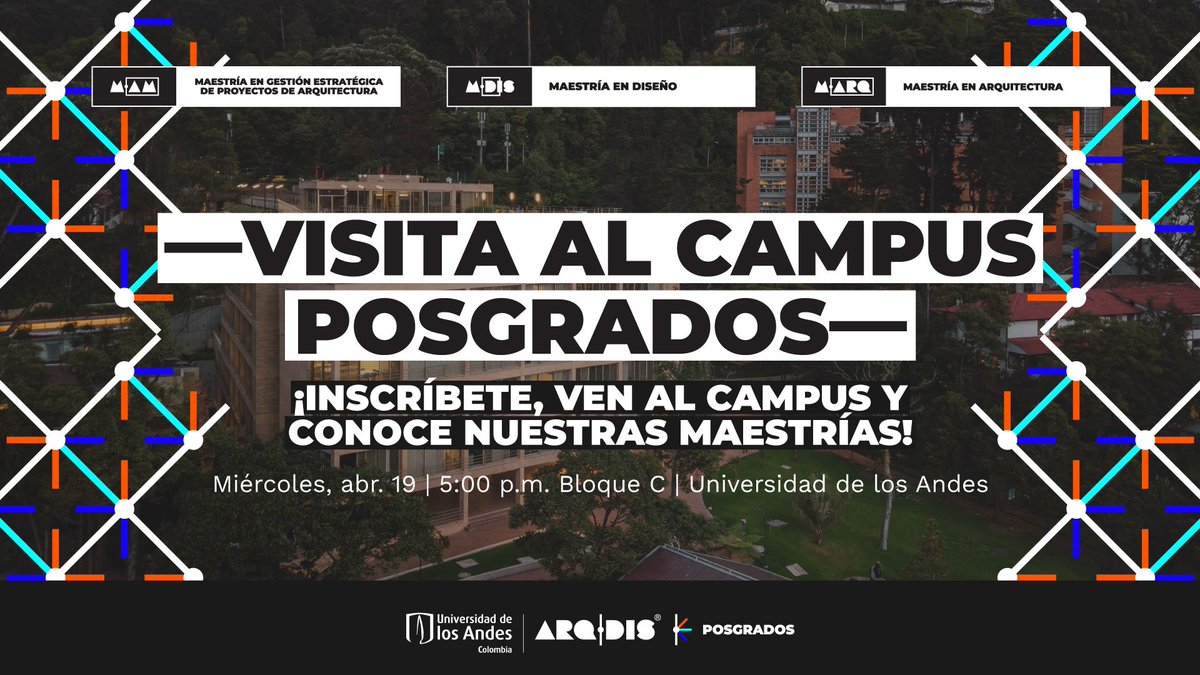 ArqDisUA's tweet photo. #ARQDISPosgrados | ¡Visita nuestro campus! Te invitamos a un evento para que conozcas todo acerca de nuestras maestrías. Te esperamos el próximo 23 de abril a partir de las 5:00 p.m.| Regístrate aquí  👉 https://t.co/hH2tn0qkQq

#ARQDISUniandes #Posgrados https://t.co/HN2nIPys3c