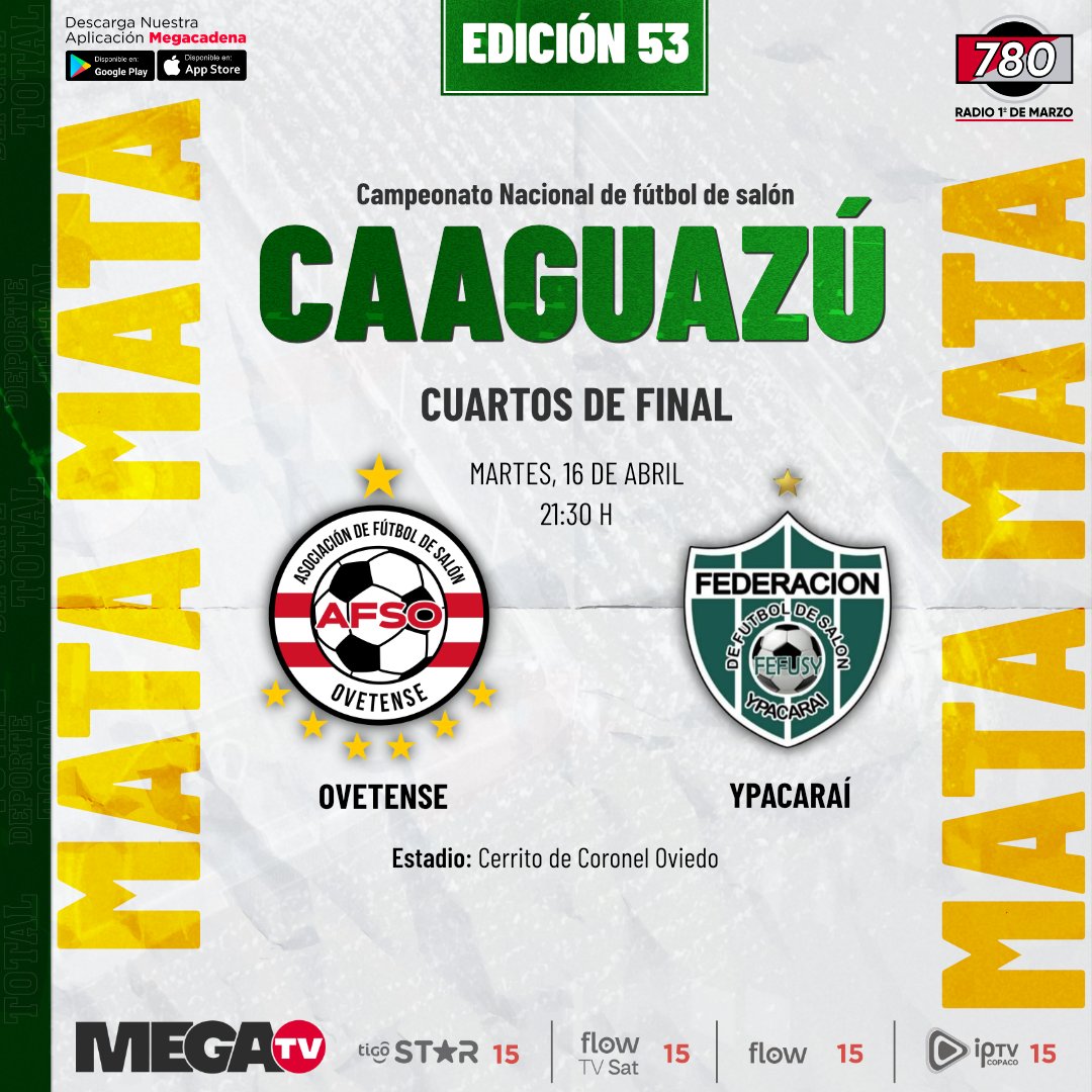 🏆Campeonato Nacional de Fútbol de Salón ✔️ Hoy estamos con la transmisión del encuentro Ovetense vs Ypacarai. ▫️Previa desde las 21:00 h ➡️ Segui la transmisión por la @780AM y @Megatv_py