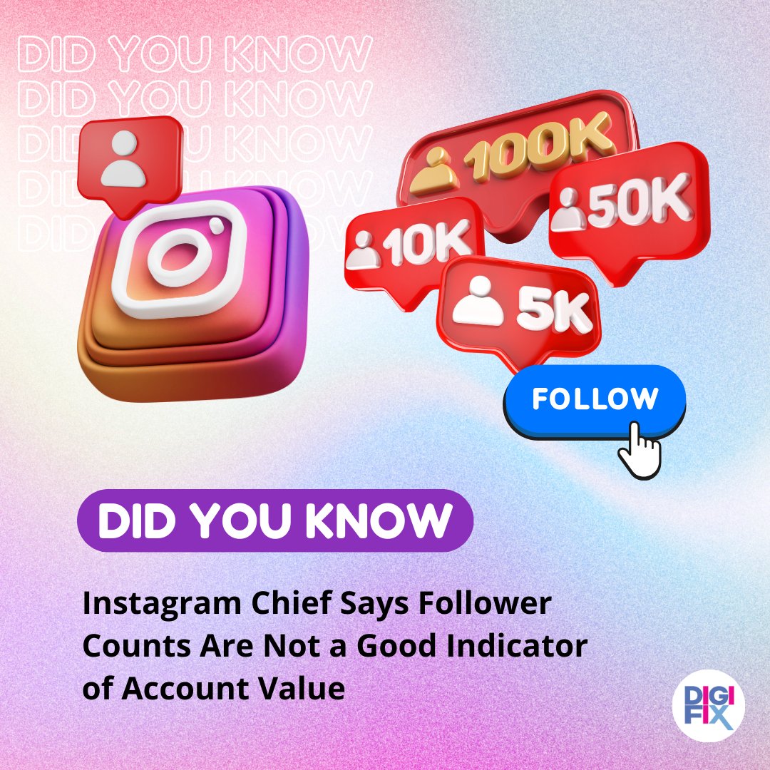 🚀 Instagram Chief Says Follower Counts Are Not a Good Indicator of Account Value

#marketingdigital #digitalmarketer #SocialMediaMarketing #DigitalSuccess #DigitalAdvertising #OnlinePresence #graphicdesign #marketingonline #internetmarketing #OnlineMarketing #DigiFix #Instagram