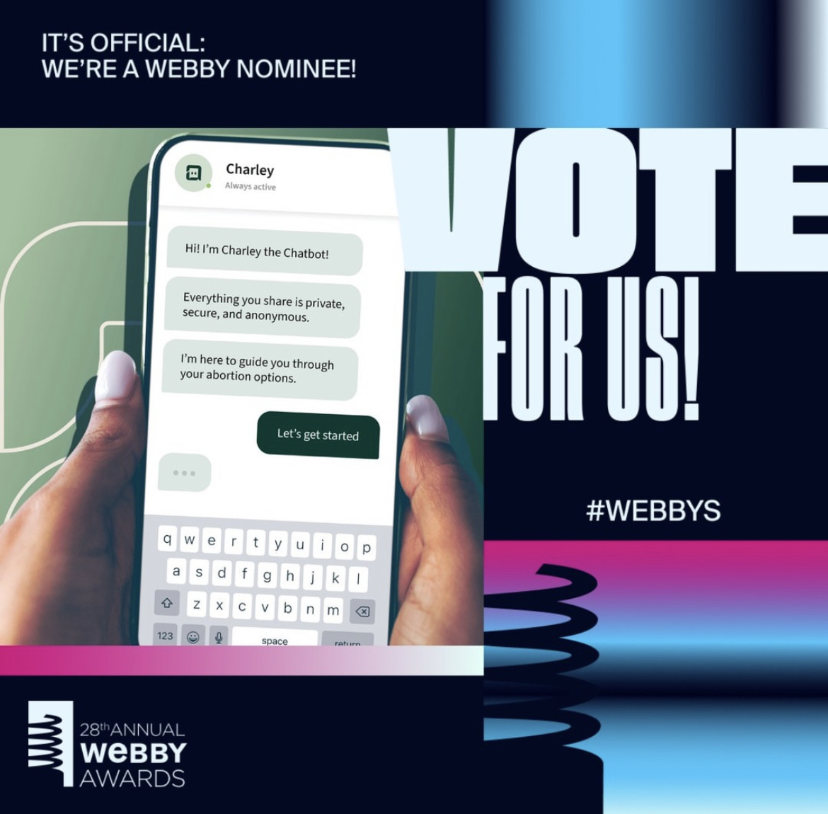 An app that helps people access abortions being nominated for TWO @TheWebbyAwards?? Being damn powerful. Vote for @ChatWithCharley for Health and Wellness (bit.ly/3UhMydh) and for Responsible Information (lnkd.in/eyZUVyEq) by APRIL 18TH! We love you Charley!