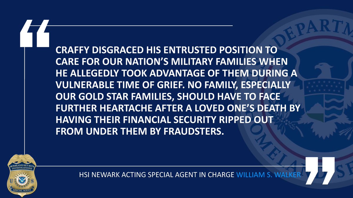 Caz Craffy, aka “Carz Craffey,” 41, of Colts Neck, New Jersey, admitted he defrauded Gold Star families, surviving beneficiaries of loved ones who died in service to our nation. @HSINewark was honored to work with our partners in the joint investigation leading to today’s plea.