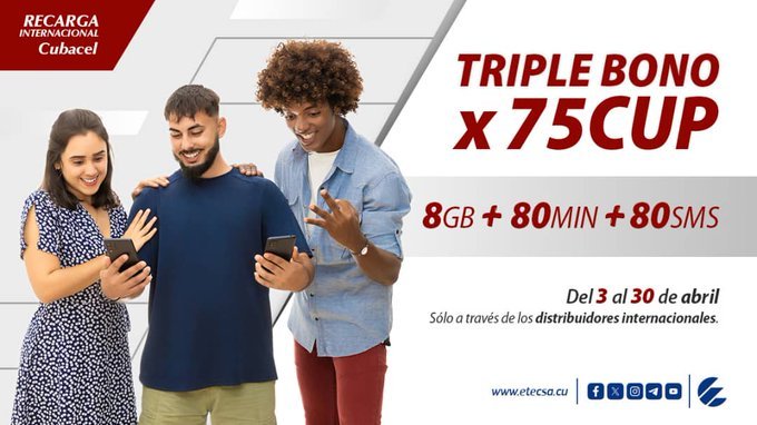 🔊 #RecargaInternacional 📲🌎 hasta el 3️⃣0️⃣ de abril 📆 Por 7️⃣5️⃣CUP Triple bono 👉8️⃣GB 📶 👉8️⃣0️⃣Min 🗣📱 👉8️⃣0️⃣SMS 📤 Regale a su familia 👪 y amigos 🤝 desde el exterior 🌍 👀 No se reciben los 75 CUP #EtecsaTeAcompaña 💯 #CubaPorLaTransformaciónDigital #JuntosPorMayabeque 🫶🇨🇺