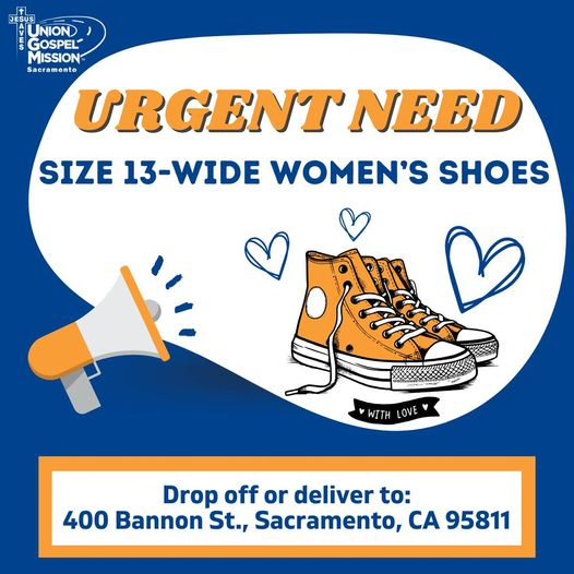 ugmsac's tweet photo. One of our homeless female guests is in dire need of size 13-wide shoes. Your kind contribution would mean the world to her and significantly improve her circumstances. We appreciate your commitment to helping our hurting and less fortunate guests at the Mission. Thank you! https://t.co/RwHicll5LT