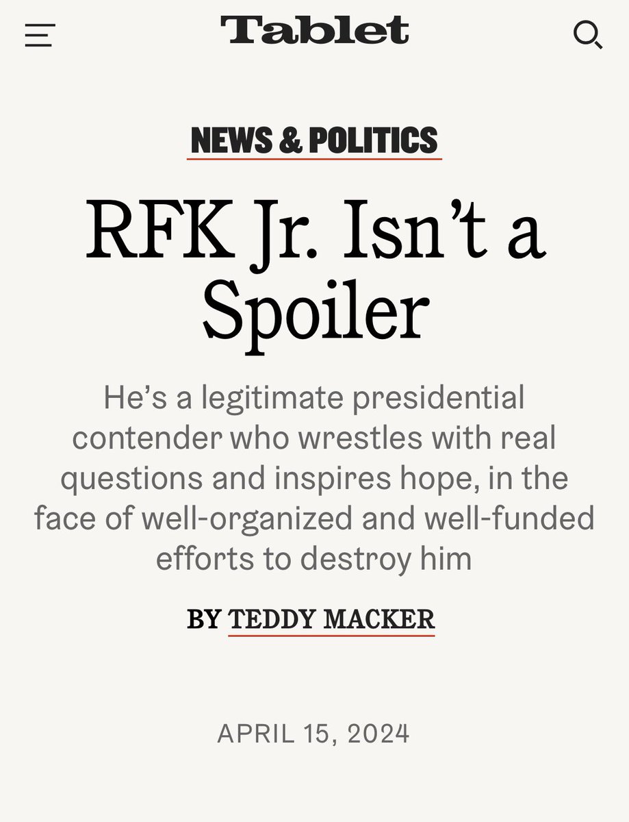 @tabletmag has written a powerful article on why @RobertKennedyJr isn’t a “Spoiler Candidate”, this article explains why Kennedy is a legitimate contender for the office of the presidency. Our journalist friend starts with a man entrenched in the farmer workers movement &…