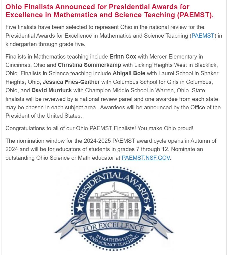 Humbled and honored to share that I am a state finalist for the Presidential Award of Excellence in Mathematics and Science Teaching (PAEMST). Grateful for everyone who has helped me become the teacher I am now (and still am becoming). #paemstfinalist