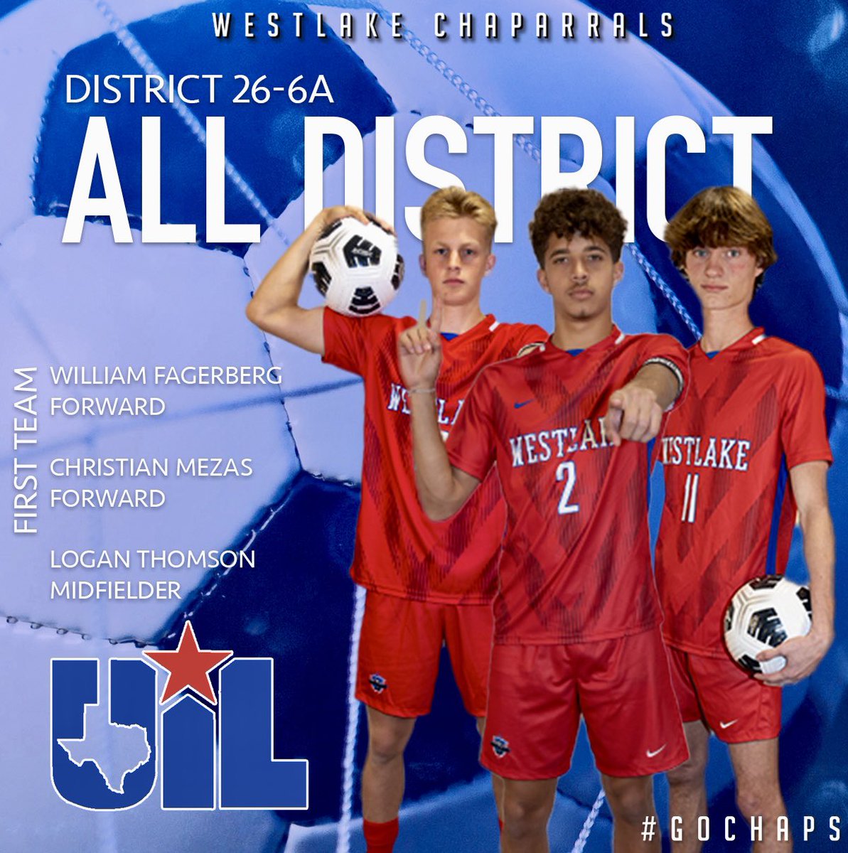 Congratulations to the three Chaps who earned their spots on the 26-6A Men’s Soccer All-District 1st Team. Shoutout to William Fagerberg, Christian Mezas & Logan Thomson. #GoChaps William Fagerberg: Forward Christian Mezas: Forward Logan Thomson: Midfielder