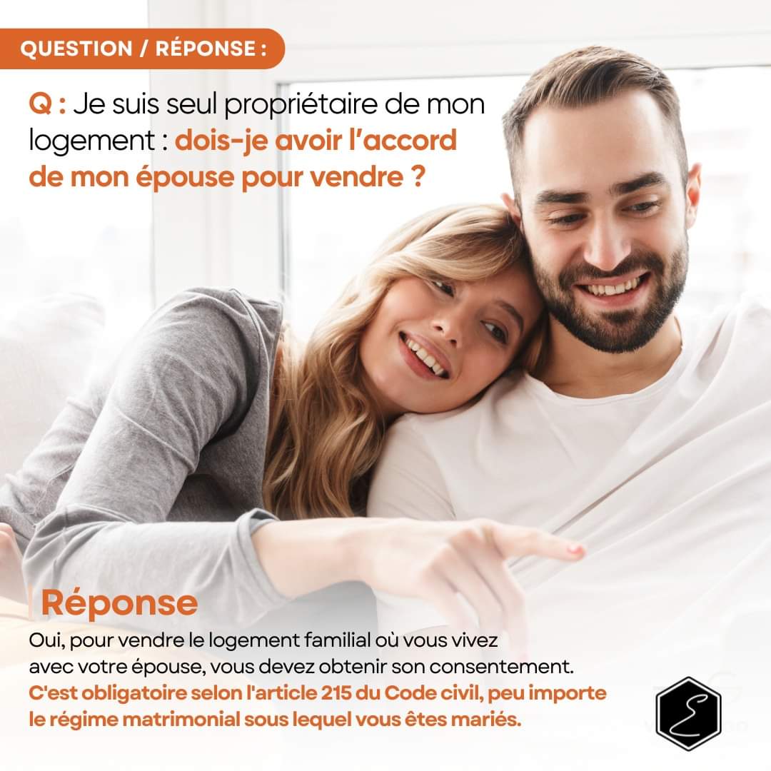 Question / réponse 🙋‍♀️

Vous êtes seul propriétaire de votre logement, mais vous vivez avec votre épouse ? Saviez-vous qu'il vous faut obtenir son accord pour vendre ? 

#Immobilier #AgenceImmobilière  #DroitCivil #VenteImmobilière