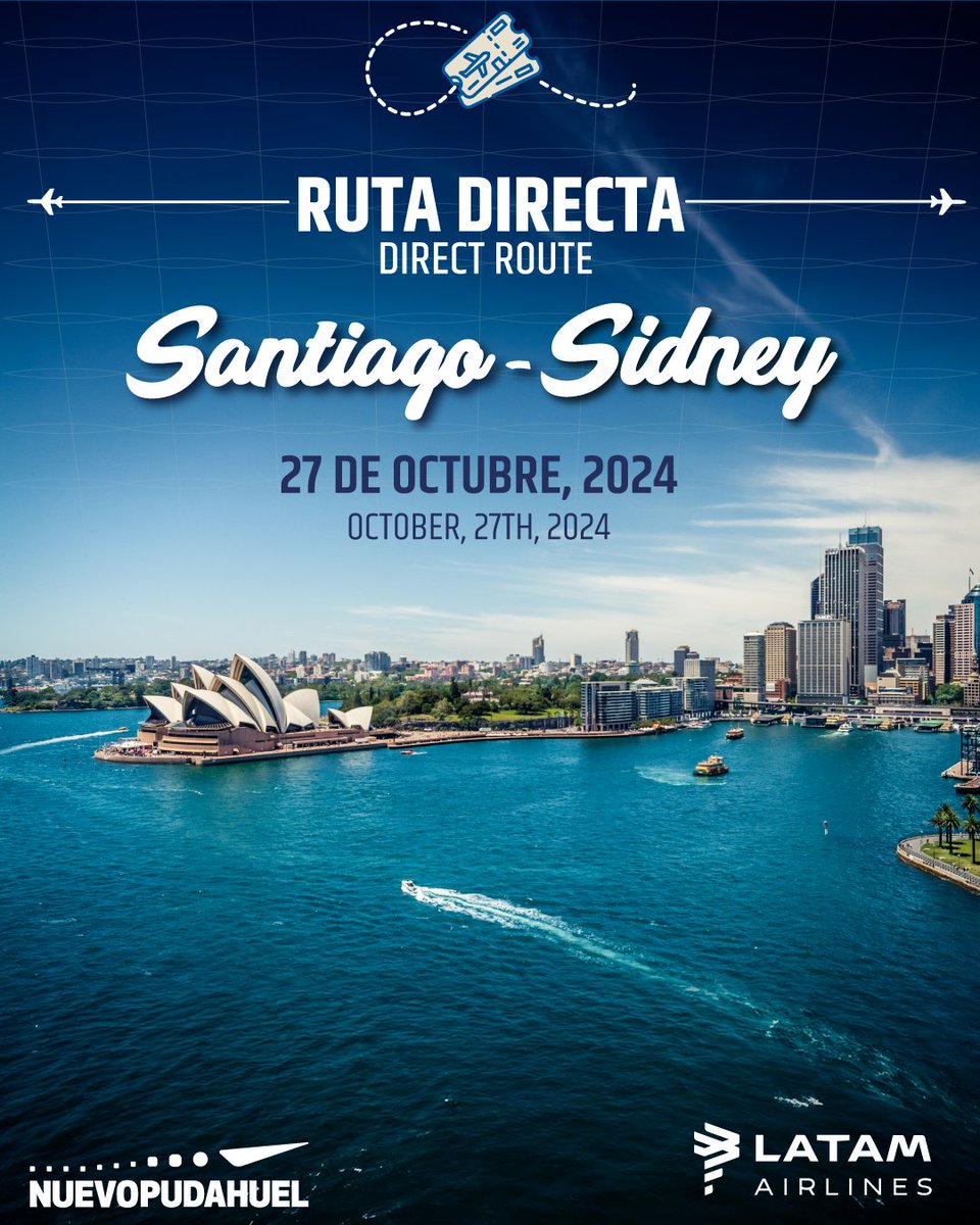 🇦🇺✈️ @LATAMAirlines ofrecerá vuelos directos desde Santiago hasta Sídney a partir del próximo 27 de octubre, con cuatro frecuencias semanales. Desde el Aeropuerto de Santiago, celebramos esta noticia que conecta aún más a Chile con el mundo.