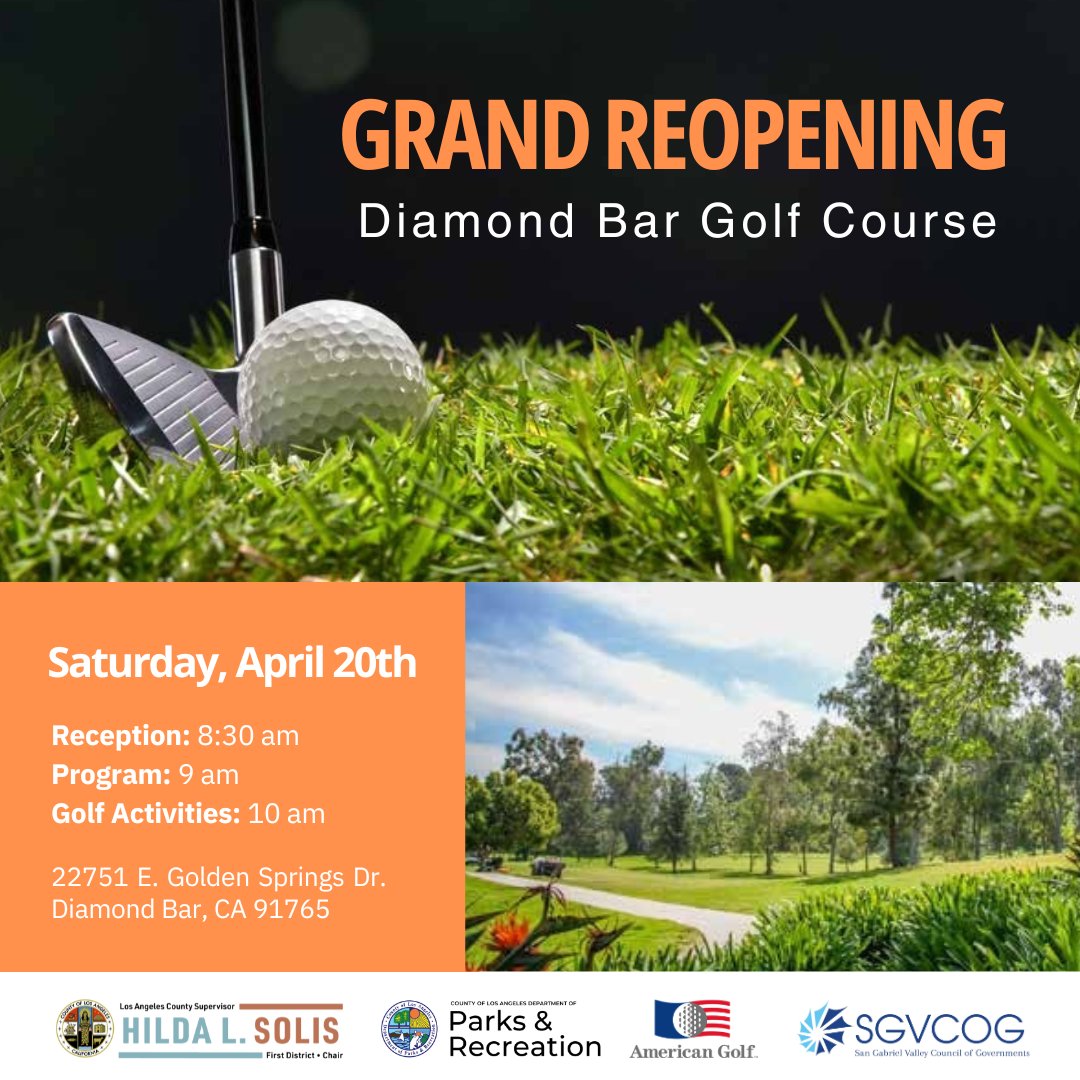 🎉 Celebrate with #LACountyParks at the Grand Reopening of the Diamond Bar Golf Course this Saturday, April 20th! A day of fun awaits with golfing, informative park & recreation booths, family-friendly activities, and entertainment for everyone!
#DiamondBarGolf #GrandReopening