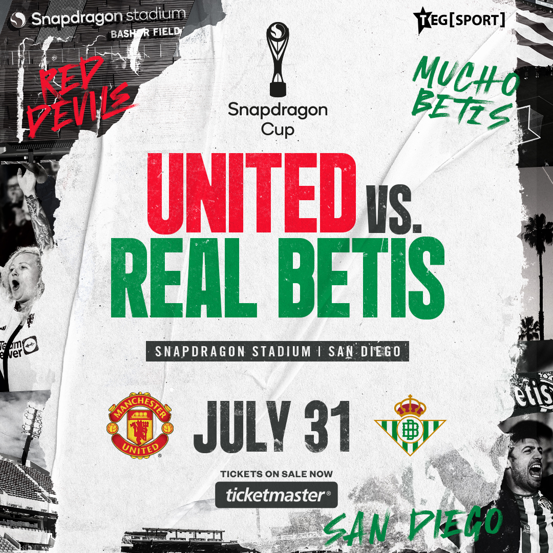 Don't miss @ManUtd vs. @RealBetis this summer at Snapdragon Stadium! 🏟️⚽️ Manchester United’s men’s first team will take on La Liga club Real Betis for the @Snapdragon Cup on July 31! 🎟️: ticketmaster.com/event/0A006068…