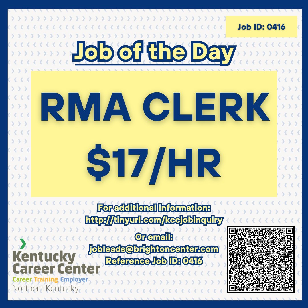 Job of the Day: RMA Clerk
📍 Hebron, KY
For more info, click link/scan QR code. Reference Job ID: 0416
👉tinyurl.com/kccjobinquiry 

QUALIFICATIONS:
Computer skills (MS Excel and Access)
Attention to detail
Verbal/written communication

#joboftheday #kentuckycareercenter #nkyjobs