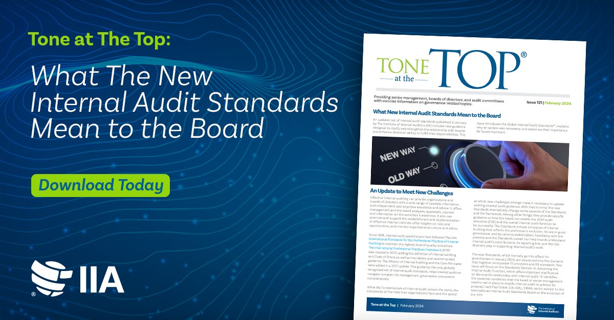 Do you know Domain III's 3 principles? Tone at the Top details the directives & differences of this dynamic set of #Standards.Download now. loom.ly/KKITFyQ #InternalAudit