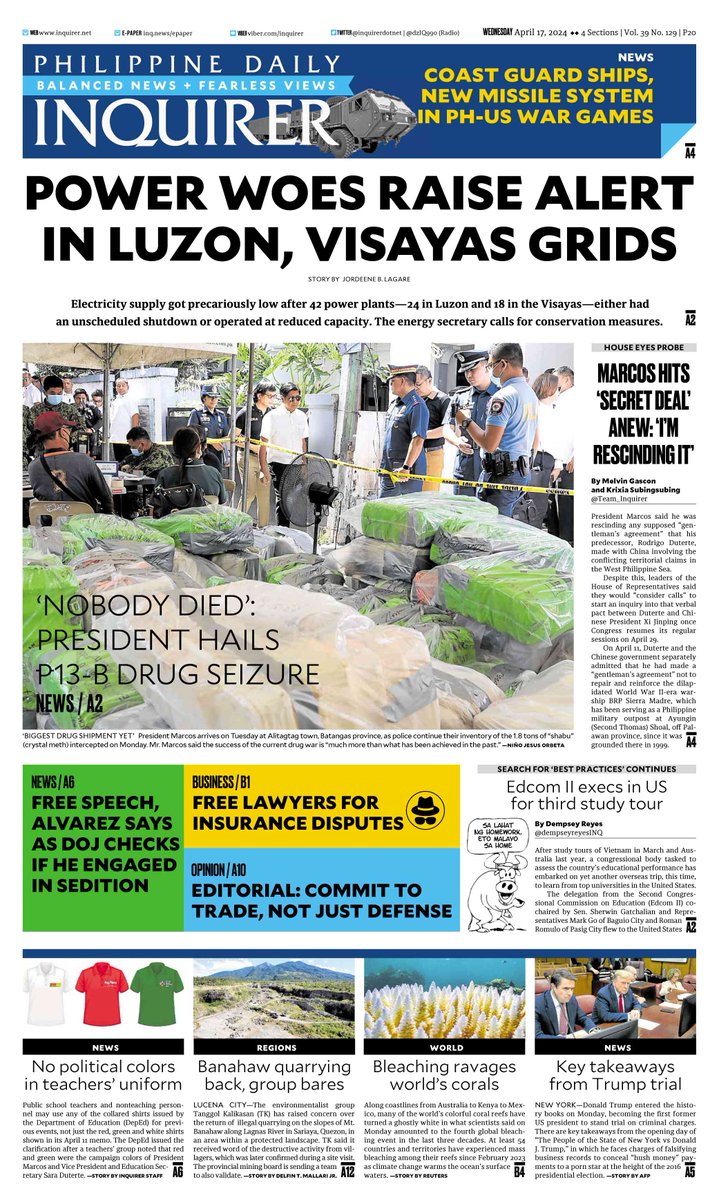 Today's Inquirer front page (April 17, 2024).

More at inq.news/plusfront6 📰#INQFrontPage