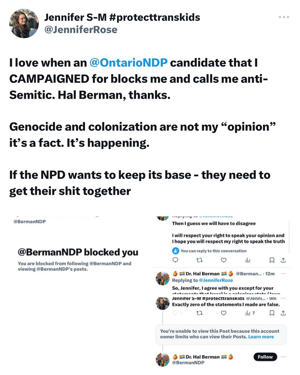 JenniferRose's tweet photo. Got a nice text message from “@theJagmeetSingh” today asking about my support and my interests and it reminded me that in Oct. Hal Berman blocked me &amp; called me antisemitic for calling Israel/Palestine a genocide. 

Hope your candidates are better this time around, NDP. https://t.co/5dS7aotSI3