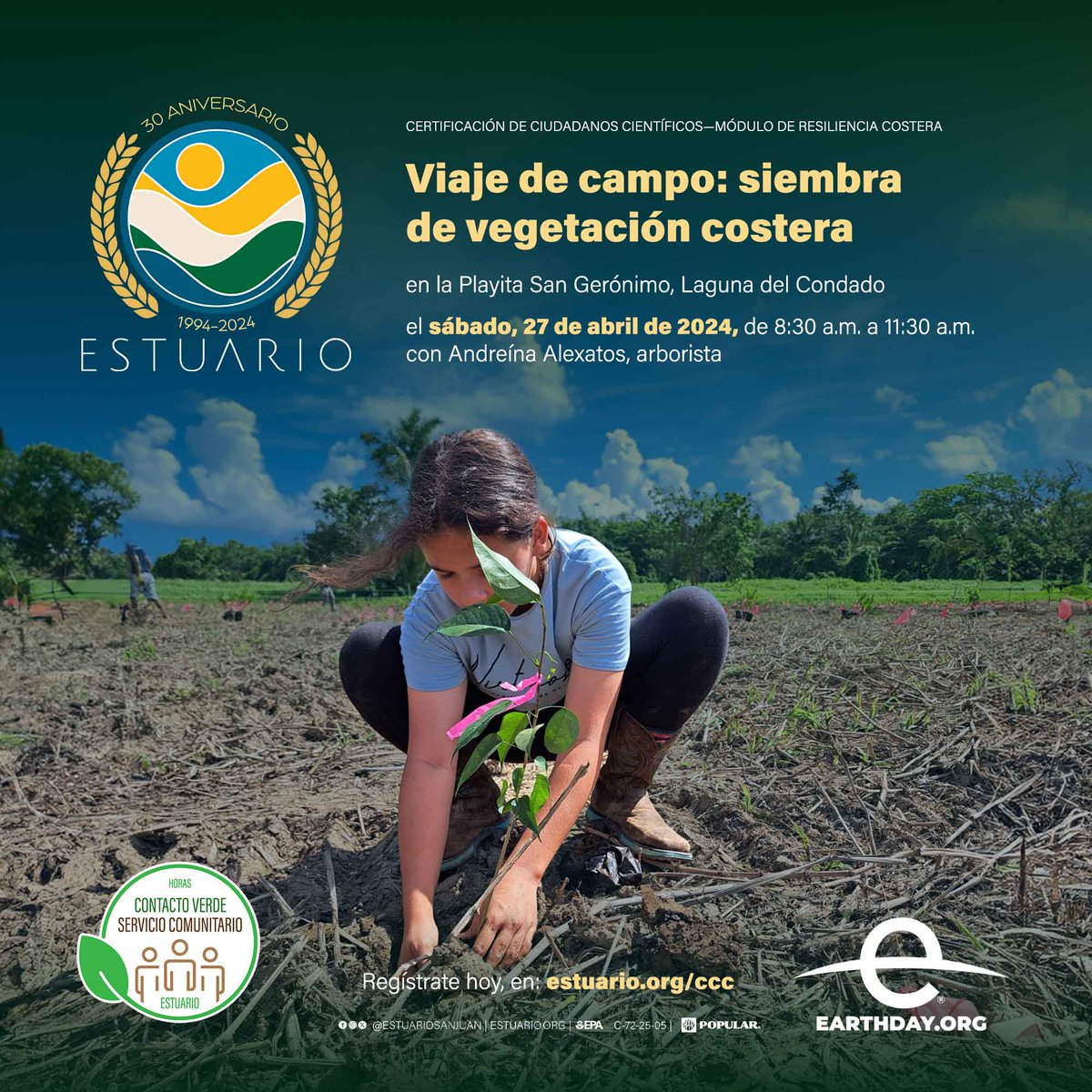 El sábado, 27 de abril, mes del planeta Tierra, acompáñanos a la próxima siembra de vegetación costera, en la Playita San Gerónimo, de 8:30 a.m. a 11:30 a.m. Regístrate hoy, en: estuario.org/ccc — #puertorico #calidaddeagua #earthday